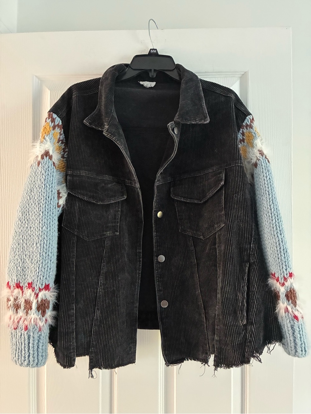 POL Clothing Corduroy Jacket Sweater Sleeves Fair Isle Distressed Black M
